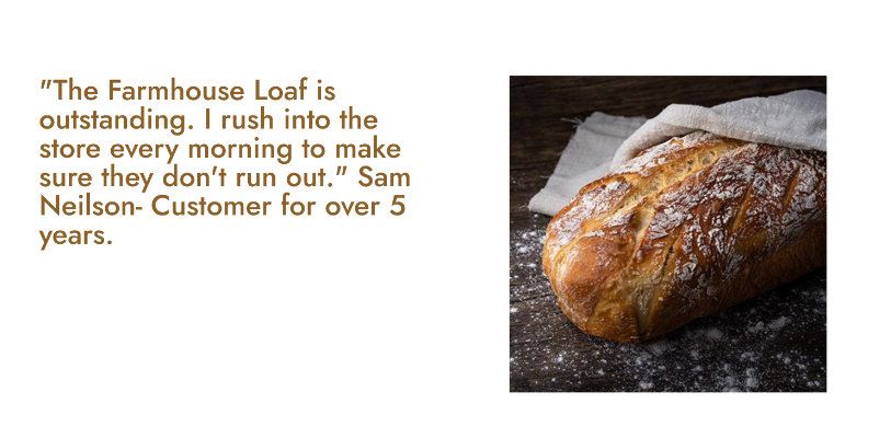 screenshot of product page, photo of bread with a quote of customer satisfaction alongside