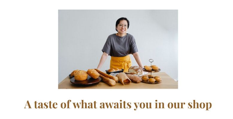 Screenshot of the heading of the product age, with photo of woman in a bakery underneath.